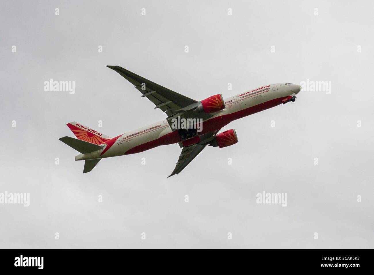 Glasgow, Scotland, UK. 7th Aug, 2020. Pictured: Air India Flight AI1133 from Mumbai which landed at Glasgow International Airport transporting a film crew and cast is seen returning today back to Mumbai. The plane is a Boeing 777-237(LR) aircraft. The film crew who landed last night are to be quarantined for 14 days before starting filming in Ayrshire later this month with Bollywood blockbuster, Bell Bottom, where it's reported the 80s' thriller revolves around a plane hijacking. Credit: Colin Fisher/Alamy Live News Stock Photo