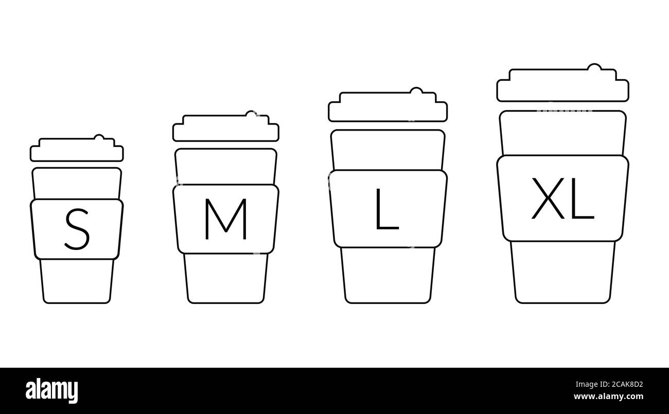 Coffee cup size S M L XL. Different size - small, medium, large and extra large. Vector outline coffeecup icons set Stock Vector