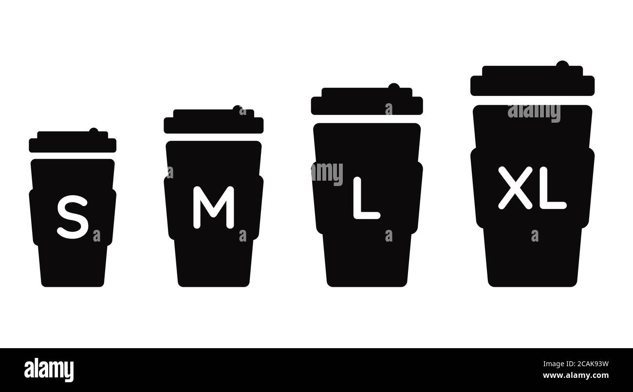 Coffee cup size S M L XL. Different size - small, medium, large and extra large. Black vector coffeecup icons set Stock Vector