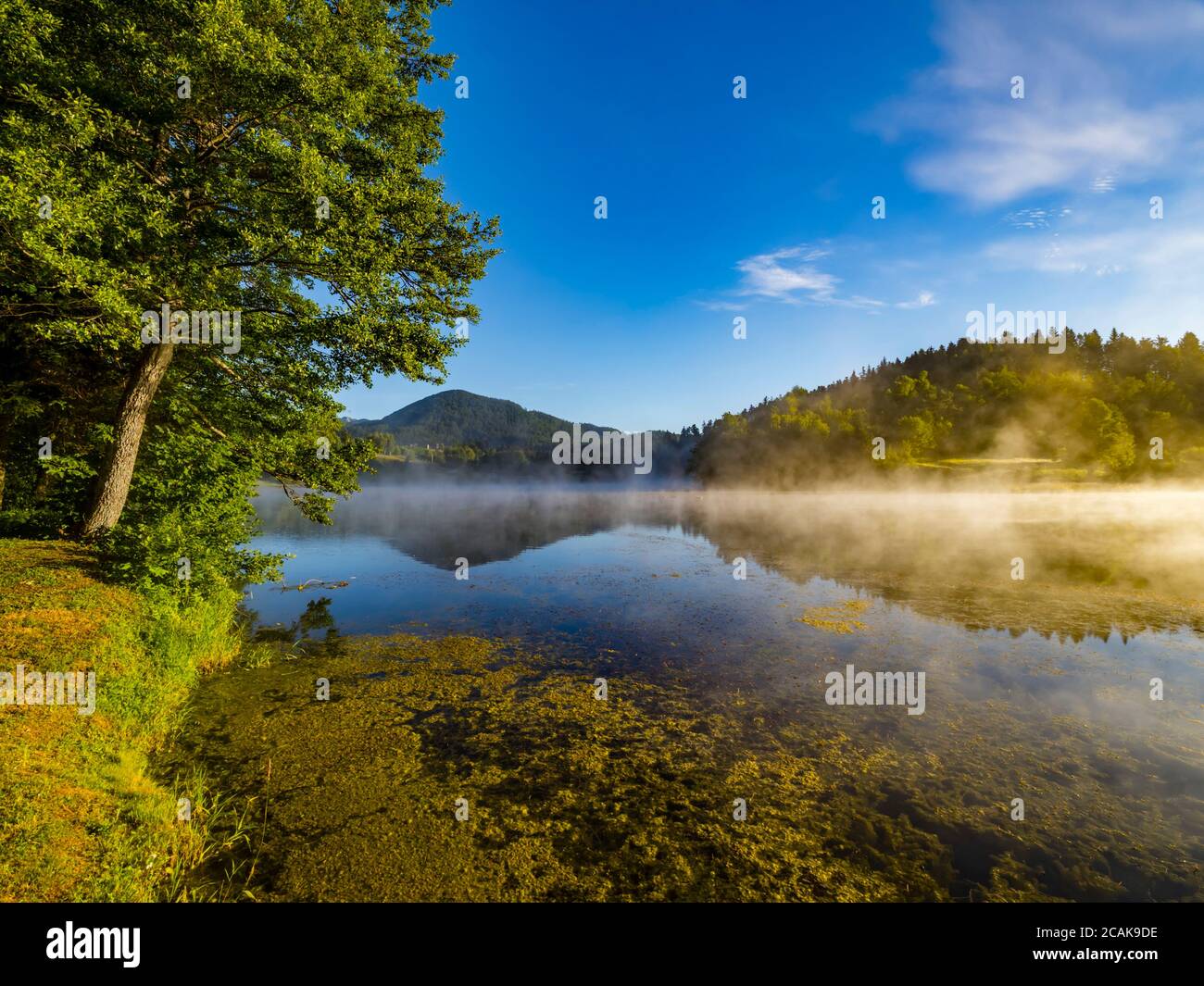 Morning bright mist fog above water surface of Lake Mrzla vodica in Croatia Europe countryside country-side Stock Photo