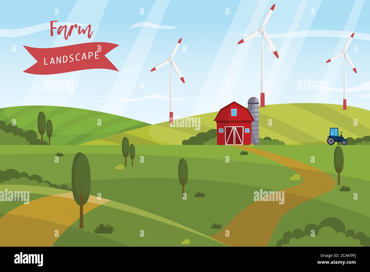 Green energy farm landscape, windmills on the green hills. vector ...