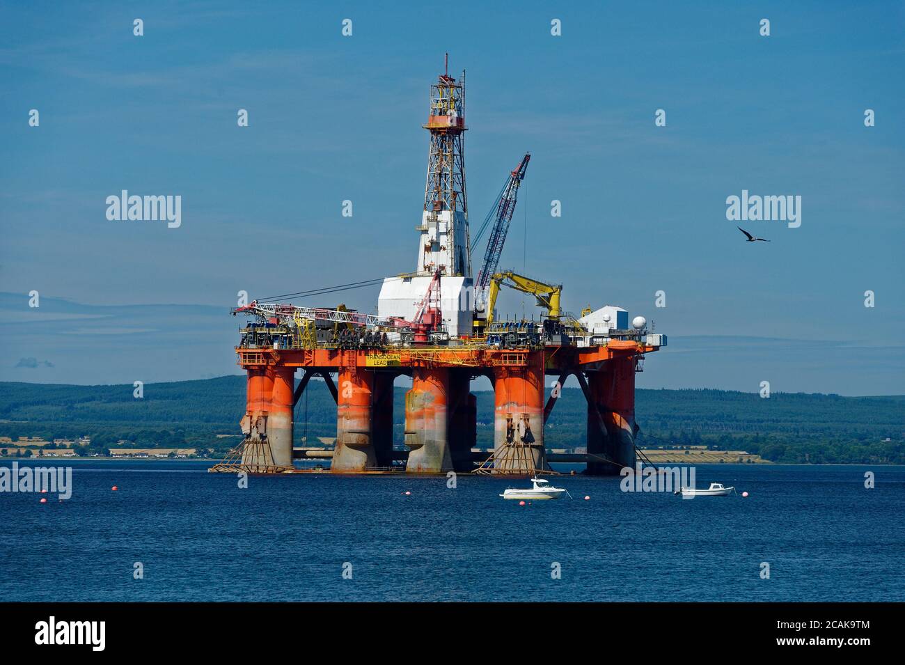 A semi-submersible Oil Rig moored in the Cromarty Firth, Highland, Scotland Stock Photo
