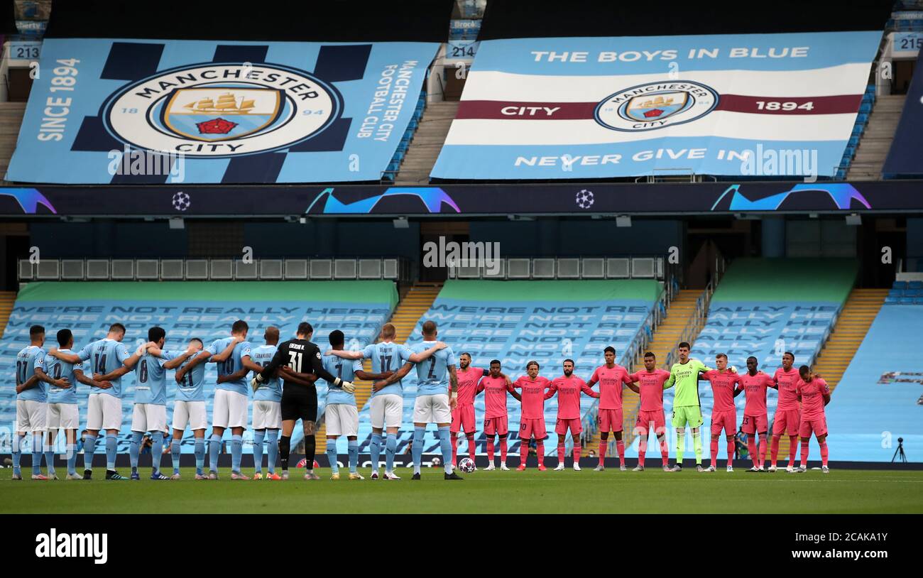Manchester City And Real Madrid Line Up For A Minutes Silence During The Uefa Champions League Round Of 16 Second Leg Match At The Etihad Stadium Manchester Friday August 7 2020 See