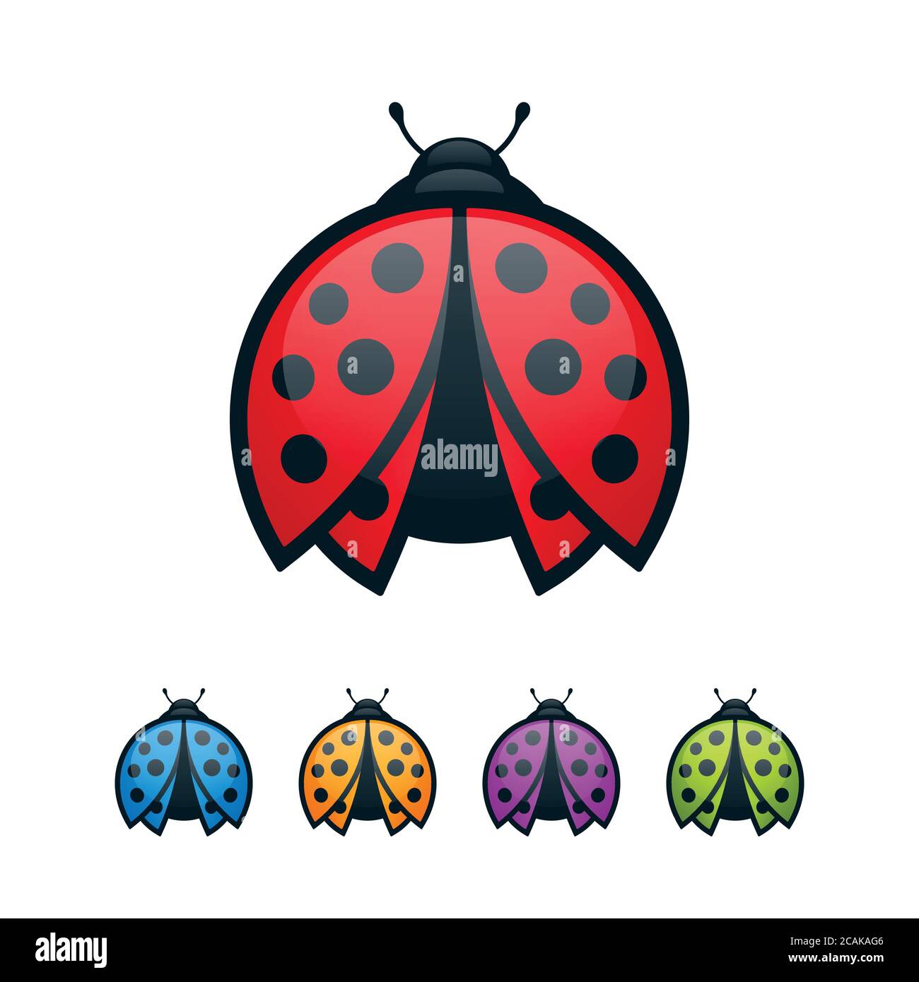 Colorful ladybugs with open wings on white background. Abstract bugs