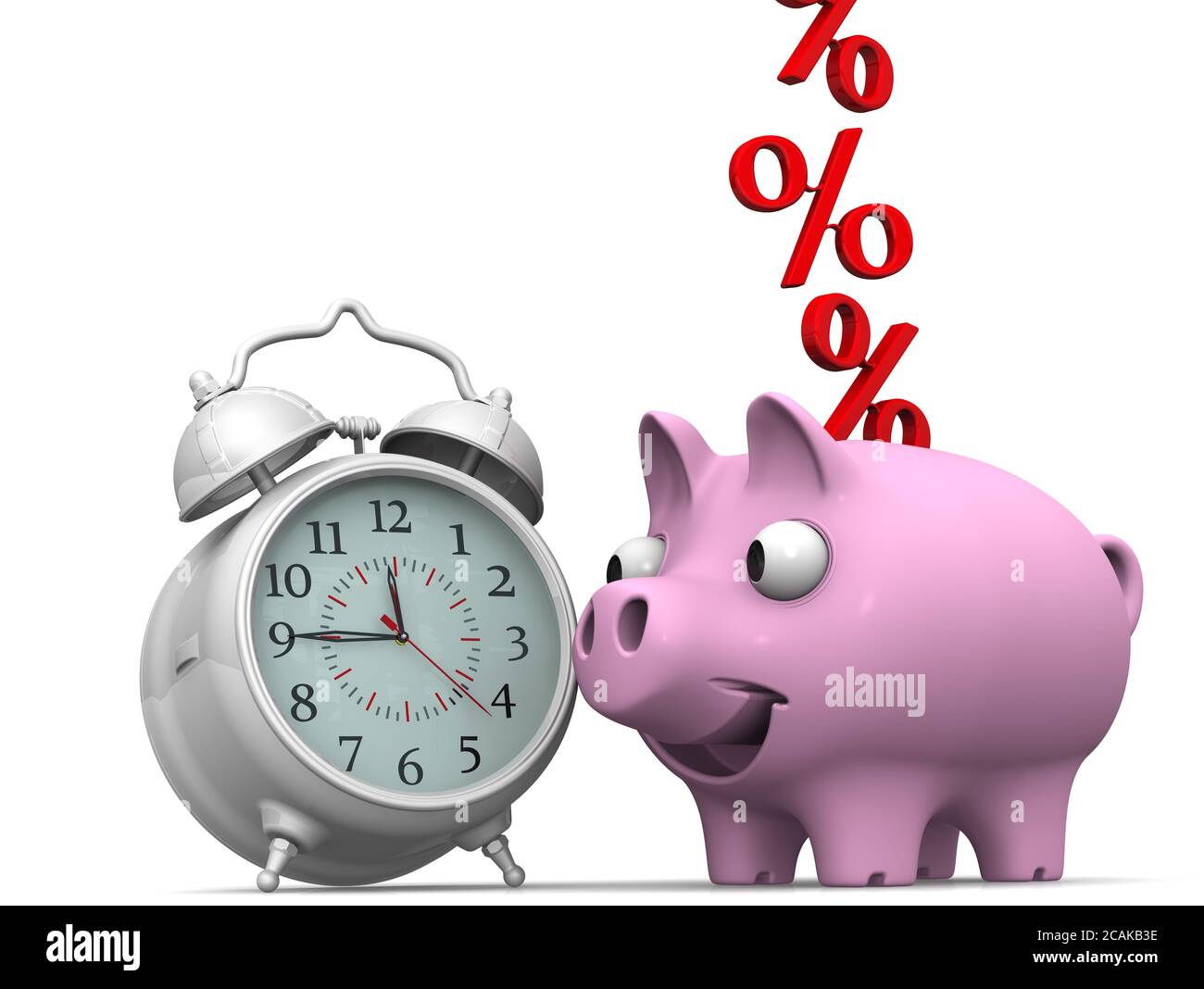 Time and dividends. Alarm clock and piggy bank with a red percentages symbols on a white surface. Financial concept. 3D illustration Stock Photo