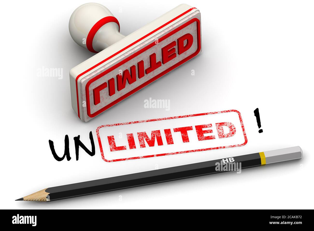 Unlimited! Corrected seal impression. White seal and red imprint LIMITED corrected to UNLIMITED! on white surface. 3D illustration Stock Photo