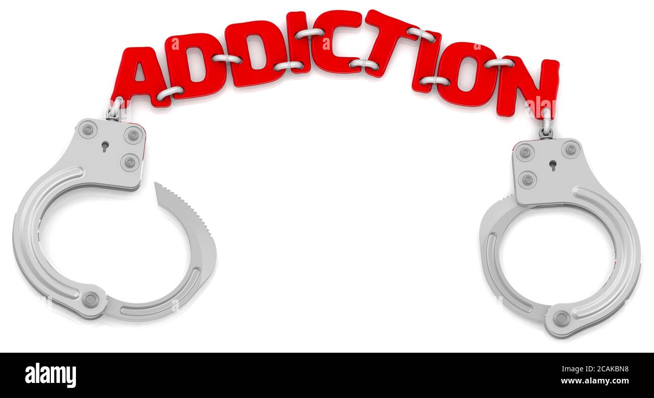 Addiction. Steel handcuffs with red word ADDICTION instead of a chain ...