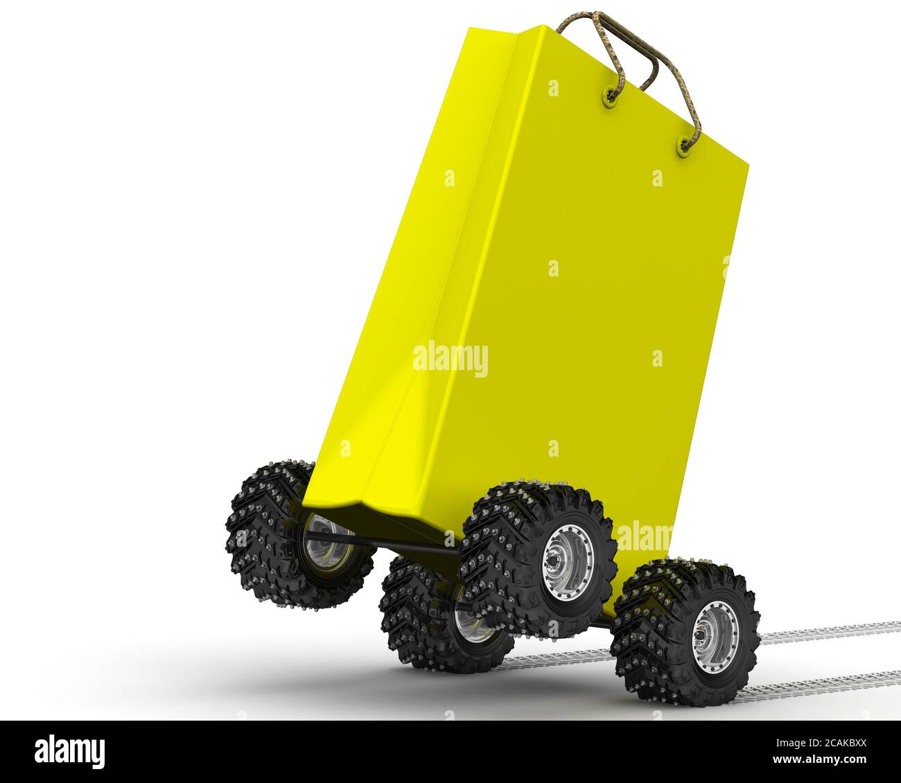 Grocery bag on wheels. Yellow grocery bag on wheels move on the white