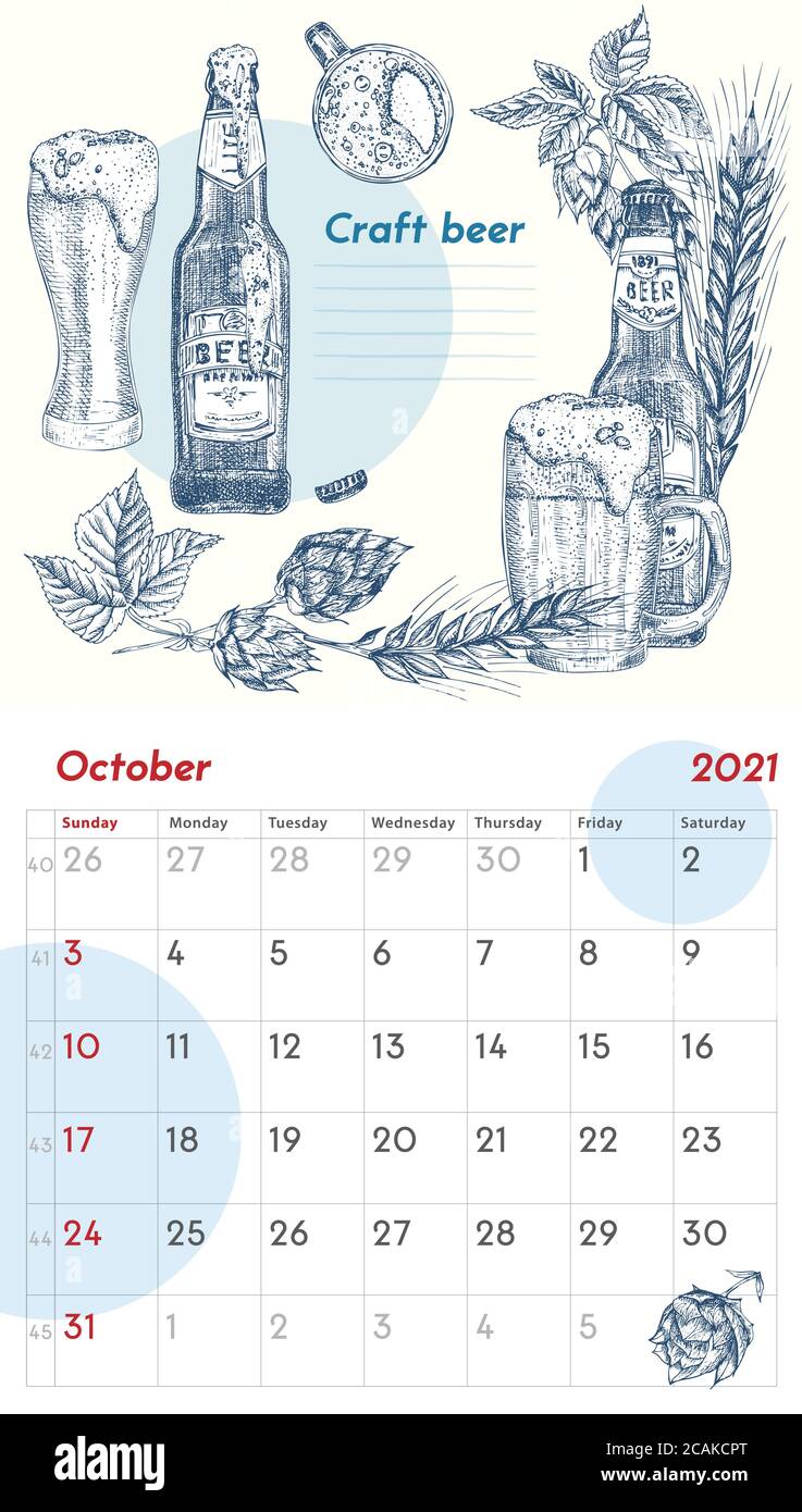 2021 Page of wall vintage calendar planner. October month. Week starts on Sunday. Alcohol bar theme. Craft beer cocktails Retro poster Place to write Stock Vector