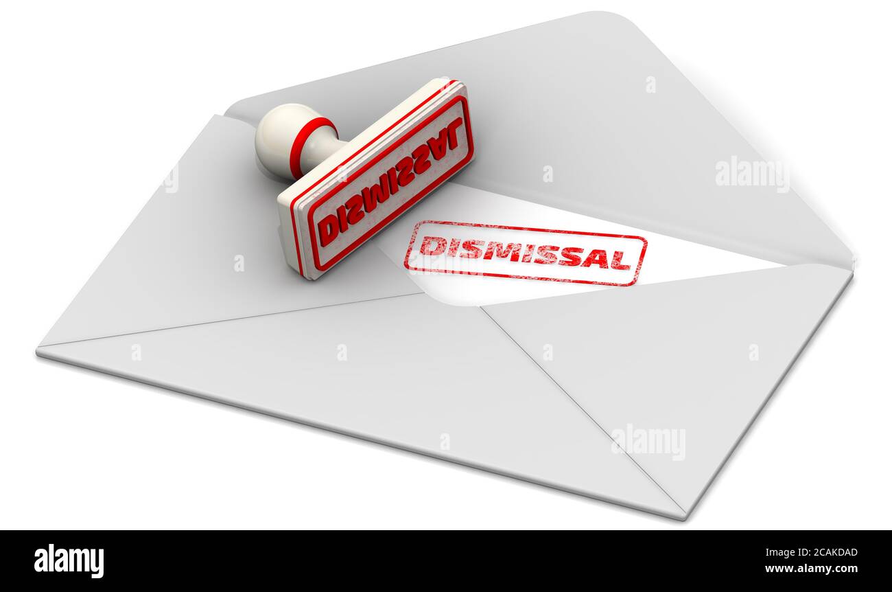 Dismissal. The stamp and open postal envelope. White seal and red imprint 'DISMISSAL' on the sheet of open postal envelope. 3D illustration Stock Photo