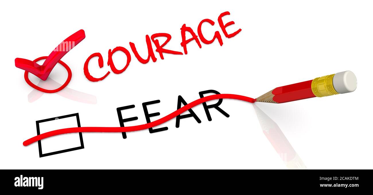 Courage but not fear. The concept of changing the conclusion. The red pencil corrected black word FEAR to red word COURAGE. 3D illustration Stock Photo