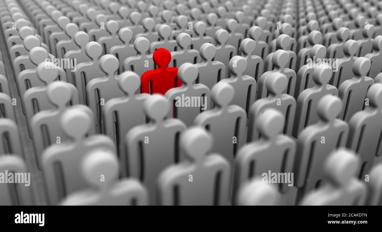 One of many. Symbols of people lined up in a order and one red. 3D ...