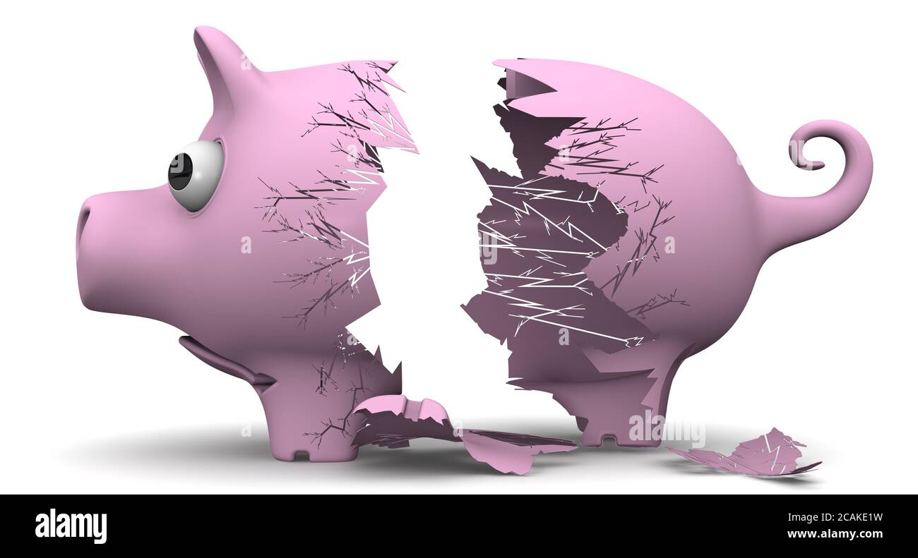A broken empty piggy bank on a white surface. 3D Illustration Stock ...