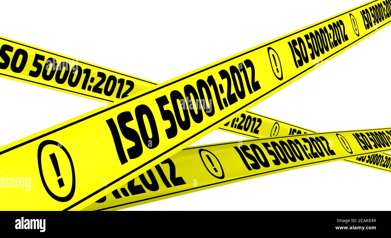 ISO 50001:2012. Yellow warning tapes with inscription "ISO 50001:2012" (Energy management systems - Requirements with guidance for use). Isolated Stock Photo