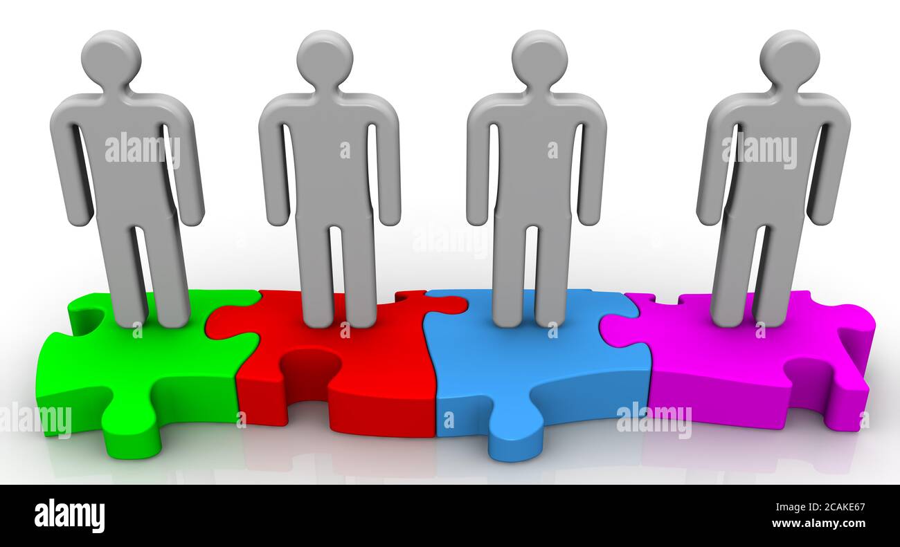 Teamwork. Symbols of people lined up in row on the puzzle elements. The ...