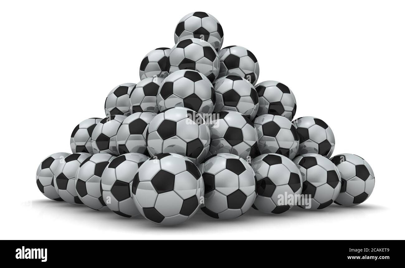 Soccer balls piled in form of pyramid. Soccer balls piled in form of pyramid on a white surface. 3D illustration Stock Photo