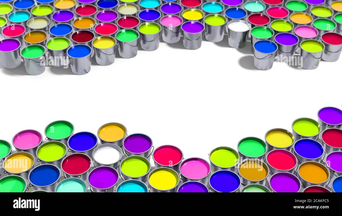Many Buckets filled with colorful paint - 3D Rendering Stock Photo - Alamy