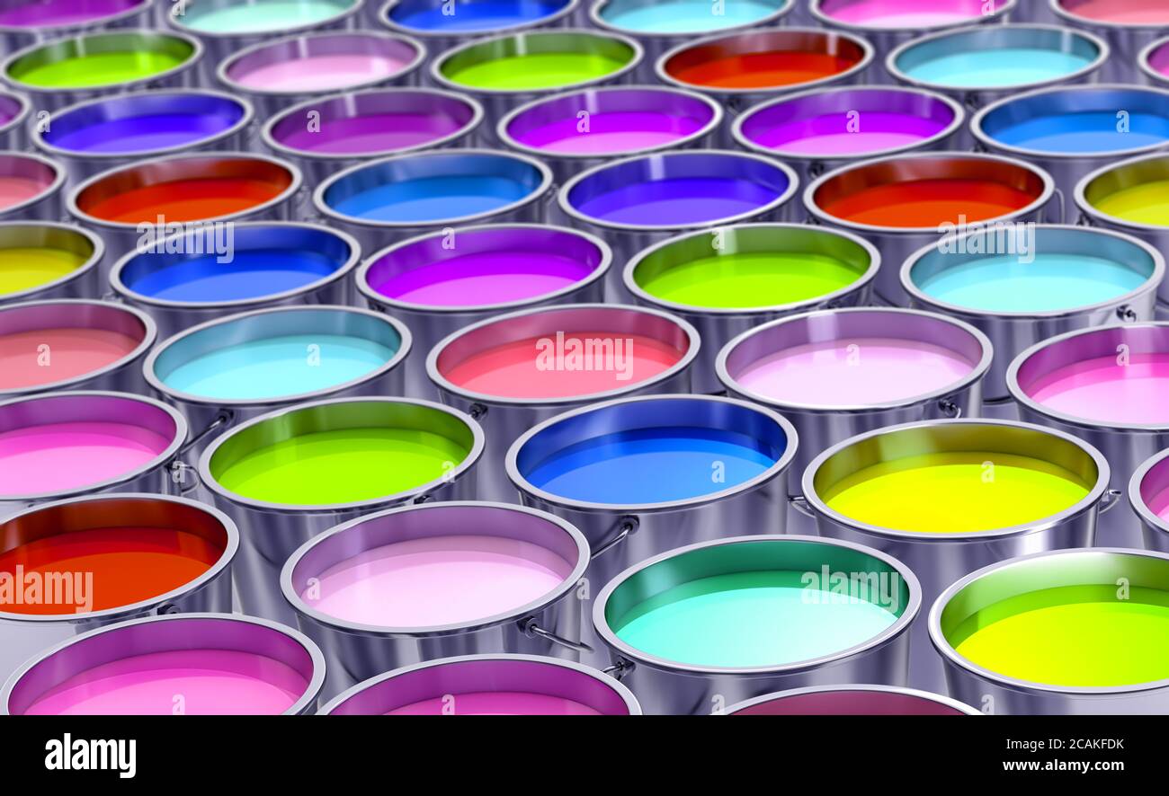 Many Buckets filled with colorful paint - 3D Rendering Stock Photo - Alamy