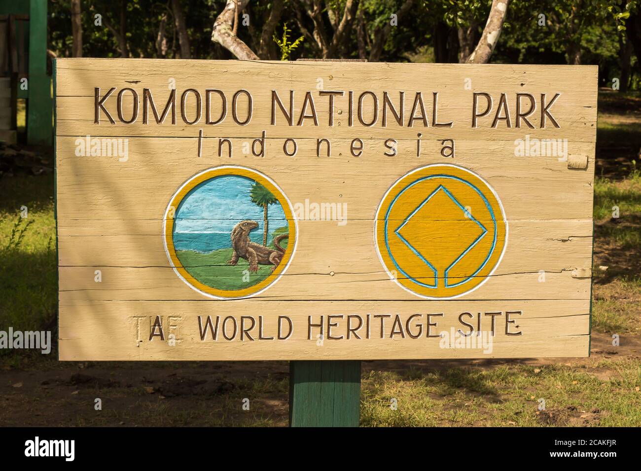 Flores, Indonesia - April 10th 2018: The sign for Komodo National Park - World Heritage Site - Flores, Indonesia Stock Photo