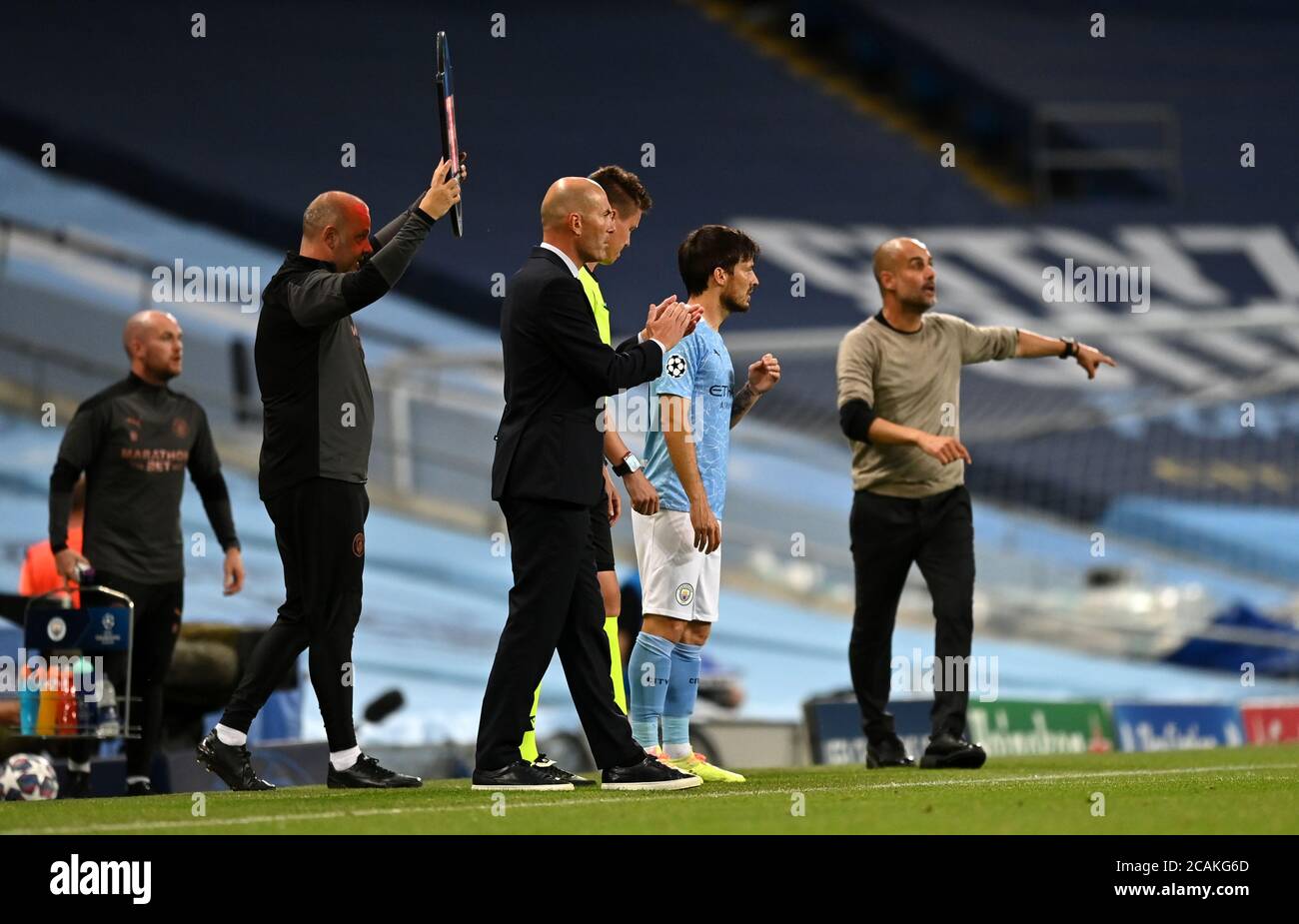 Manchester City's David Silva waits to come on as a substitute during the UEFA Champions League, round of 16, second leg match at the Etihad Stadium, Manchester. Friday August 7, 2020. See PA story soccer Man City. Photo credit should read: Shaun Botterill/NMC Pool/PA Wire. RESTRICTIONS: Editorial Use Only, No Commercial Use Stock Photo