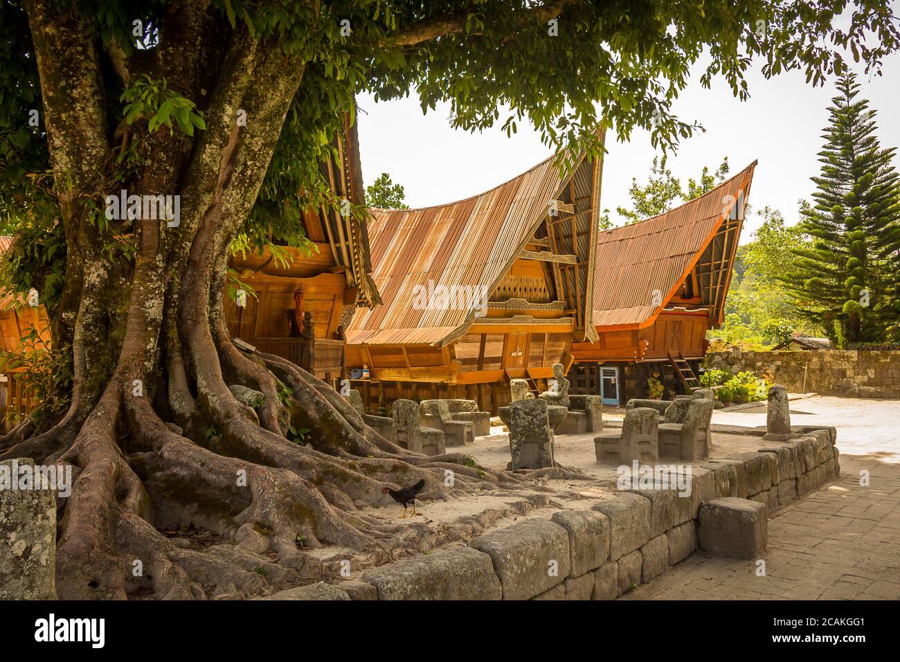 Traditional Bataknese houses at Samosir, Lake Toba, Sumatra Indonesia Stock Photo