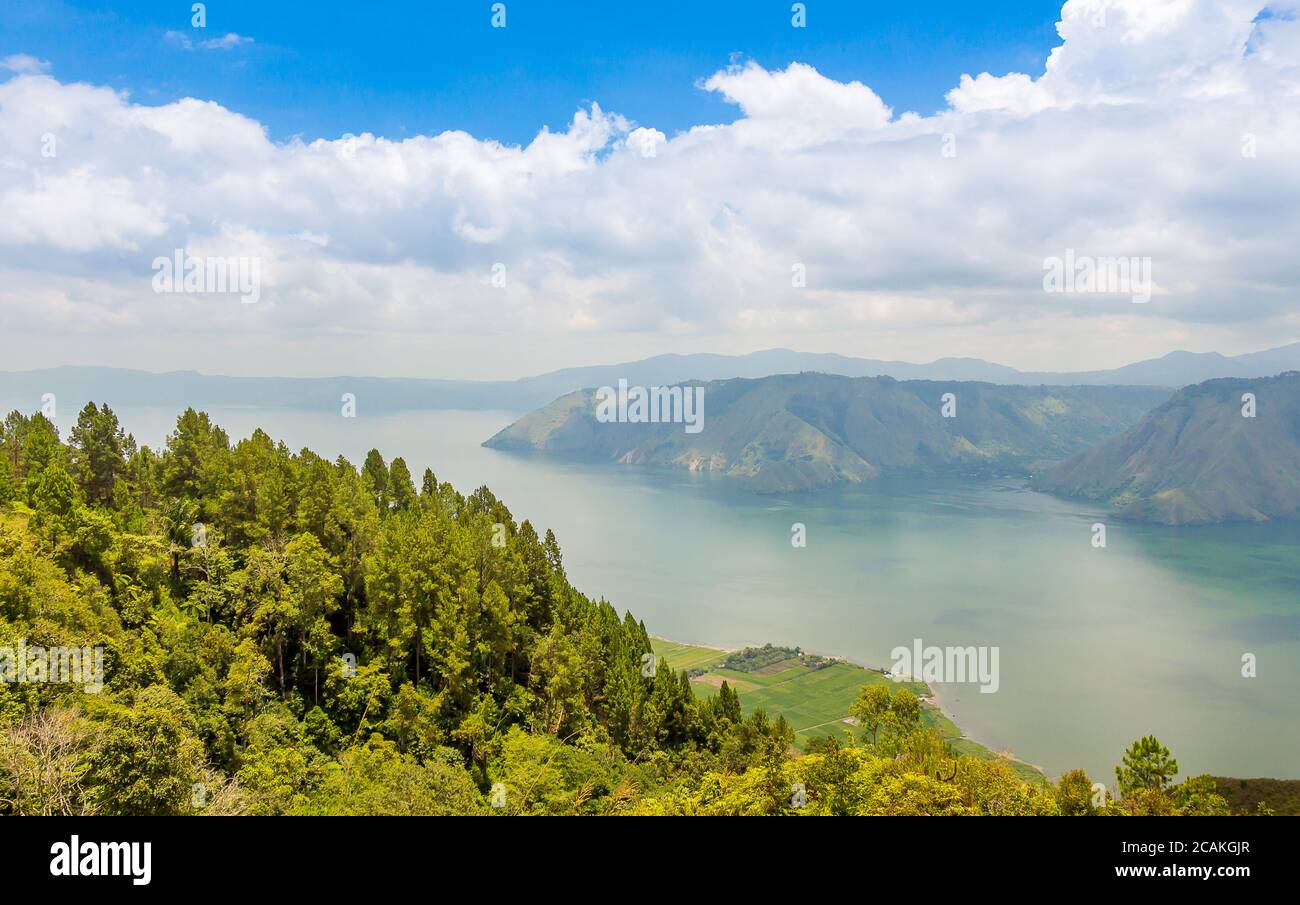 A view over the largest volcanic crater lake in the world, Lake Toba, North Sumatra Indonesia Stock Photo