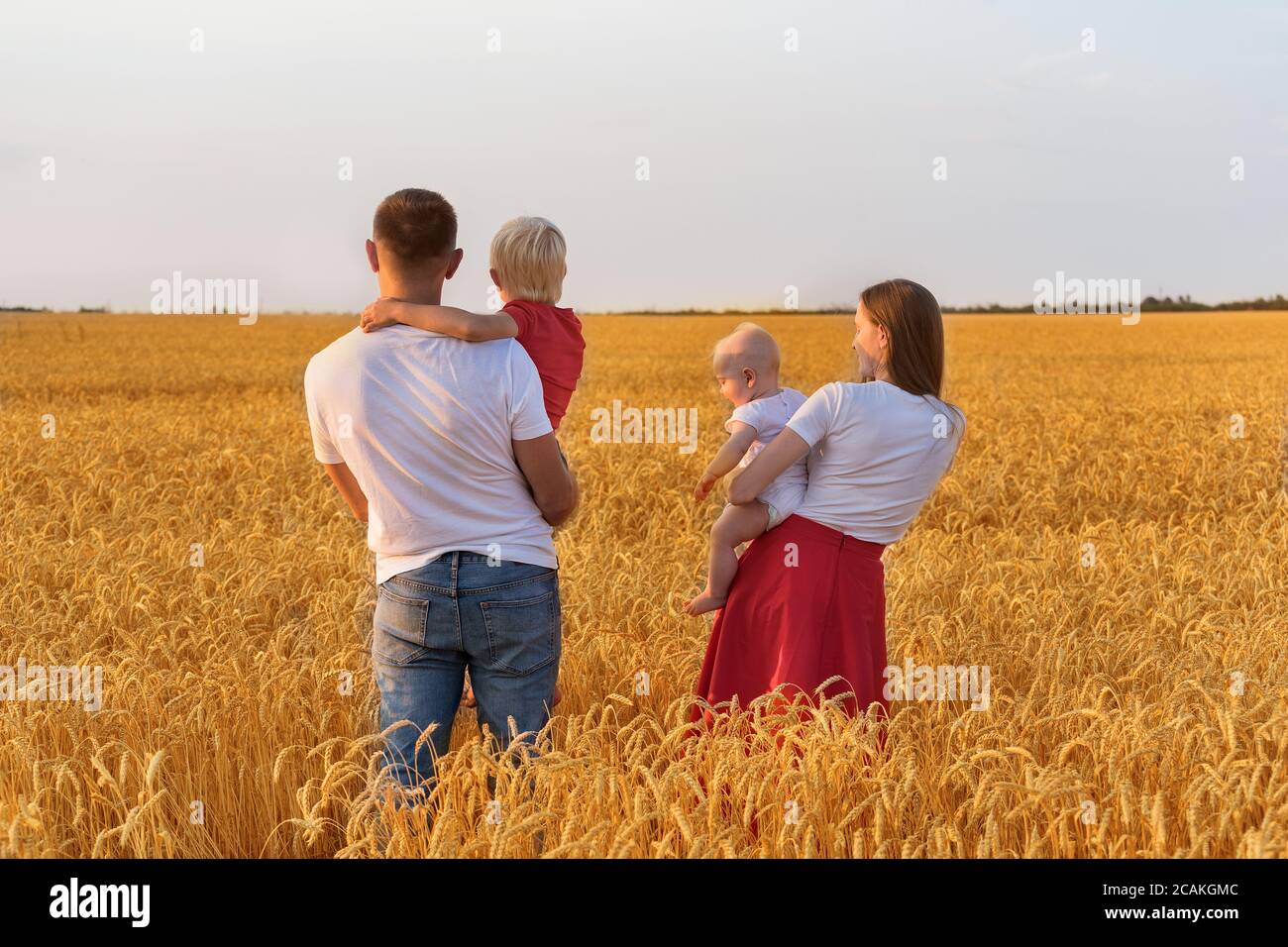 Rear view of father mother and two children in wheat field. Young family with children outdoors. Stock Photo
