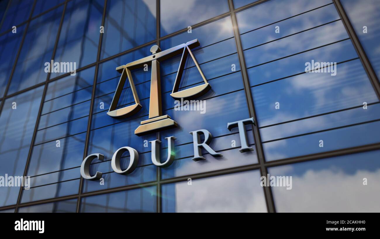 Court with a symbol of weight on glass building. Mirrored sky and city modern facade. Justice, law, legal, equity, judicature and public courthouse co Stock Photo