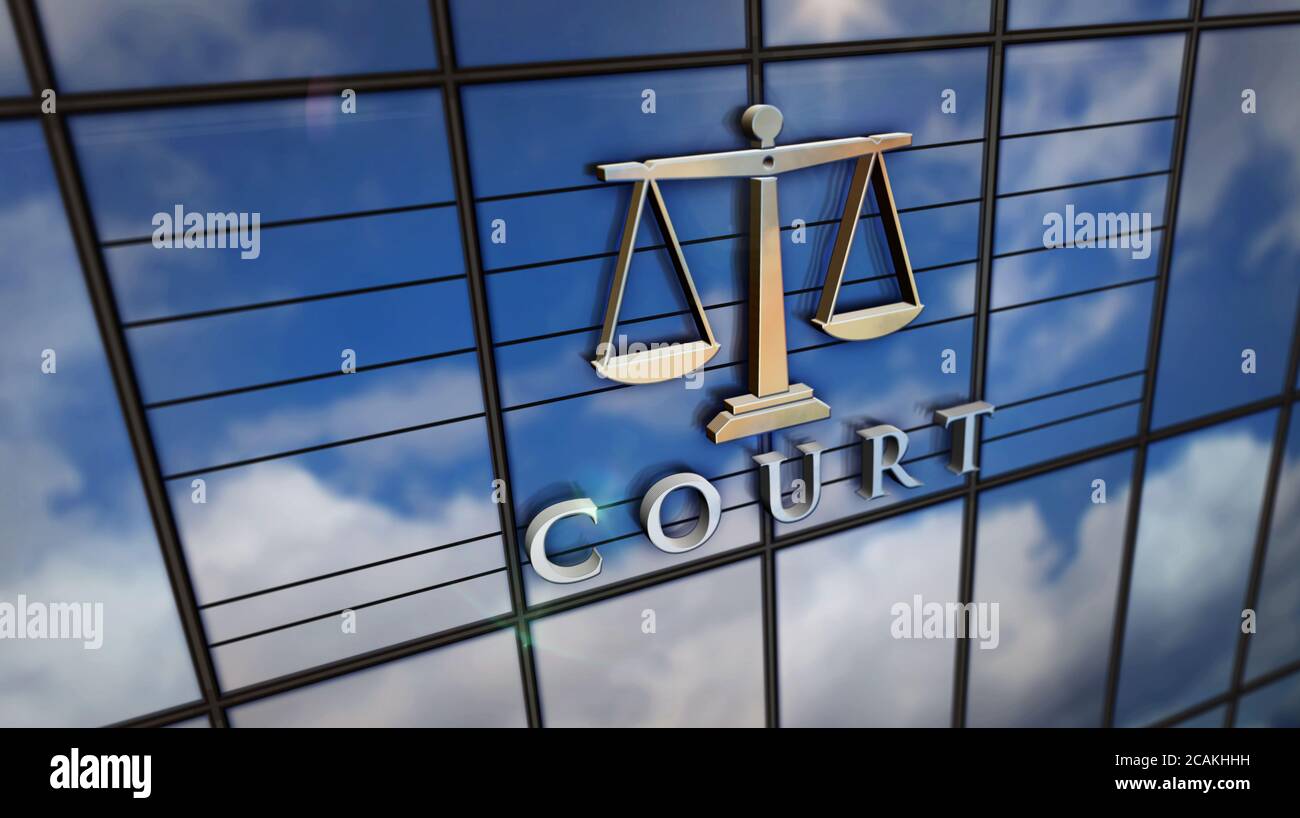 Court with a symbol of weight on glass building. Mirrored sky and city modern facade. Justice, law, legal, equity, judicature and public courthouse co Stock Photo