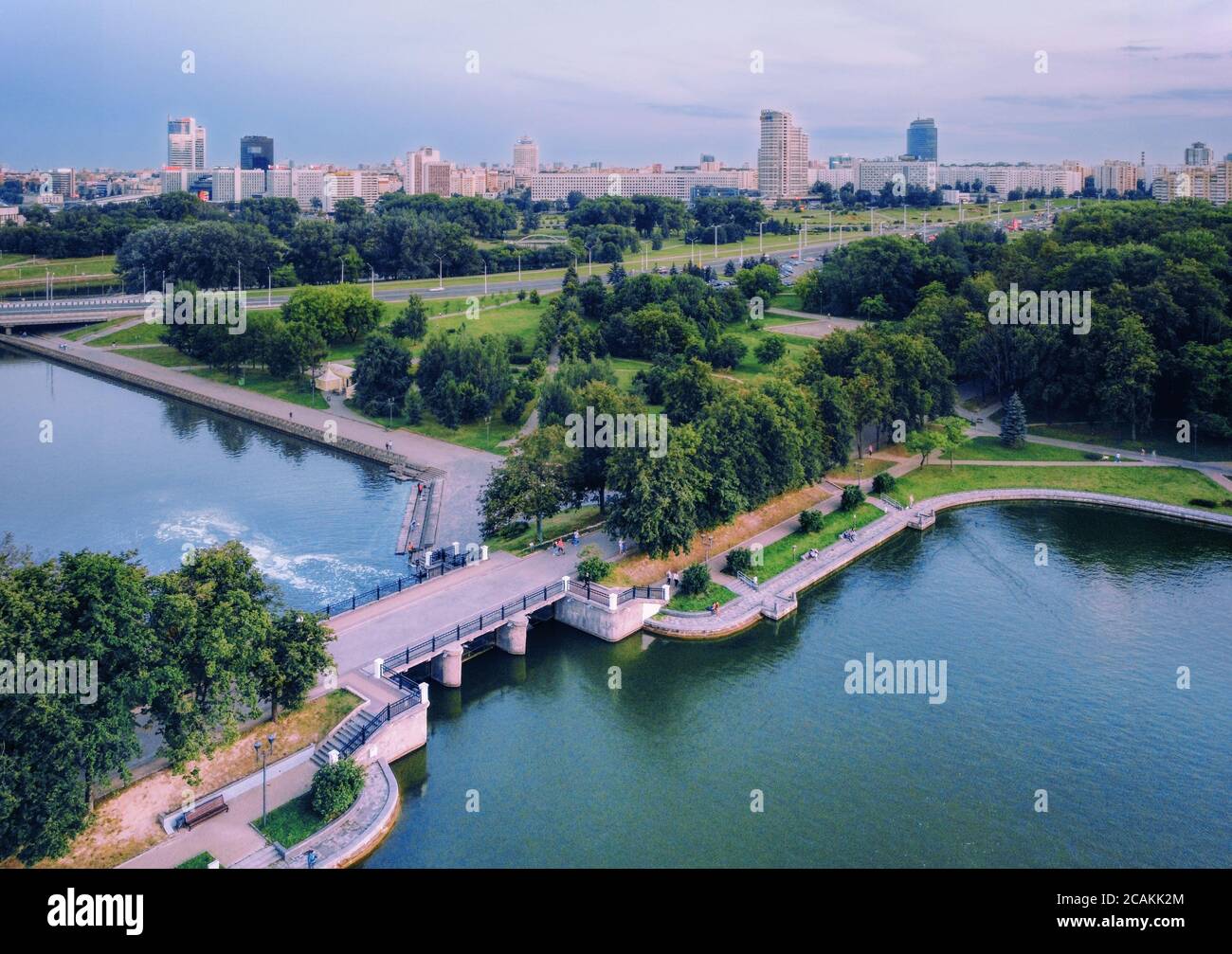 Minsk, Belarus - August 27, 2020: Aerial panorama of Minsk downtown ( Belarus' capital)  near Stella, Victory Park and Svislach River Stock Photo