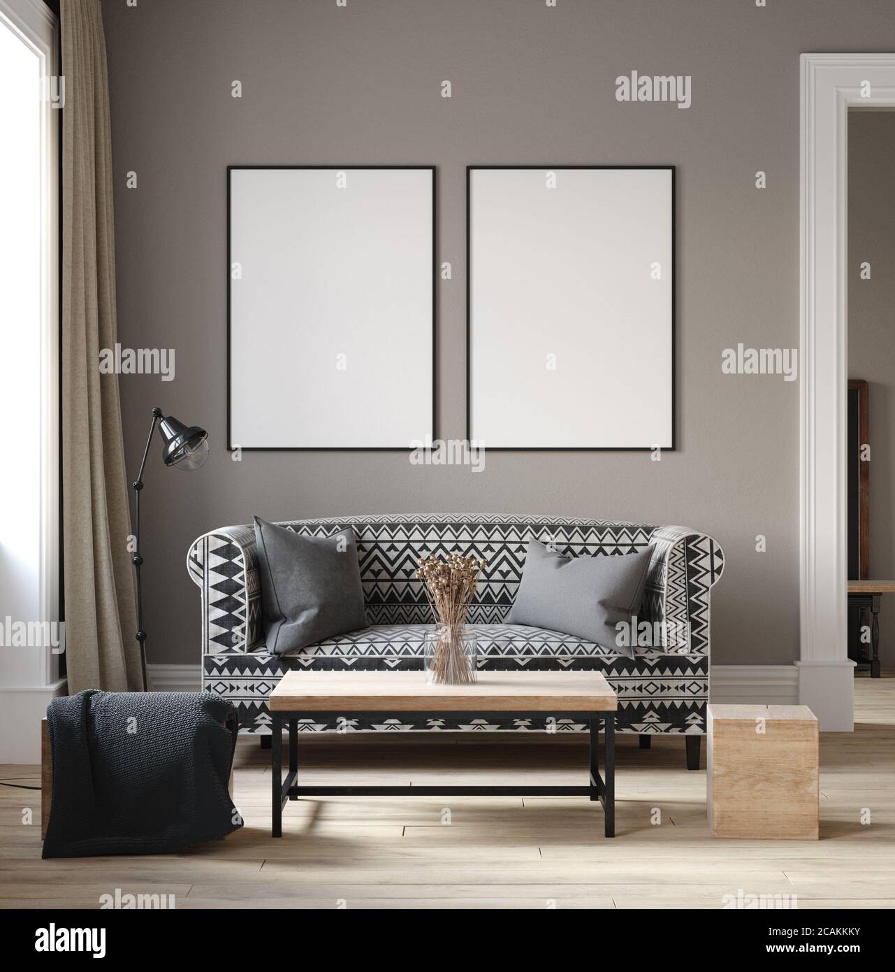 Scandinavian style living room interior with ethnic furniture, 3d render  Stock Photo - Alamy