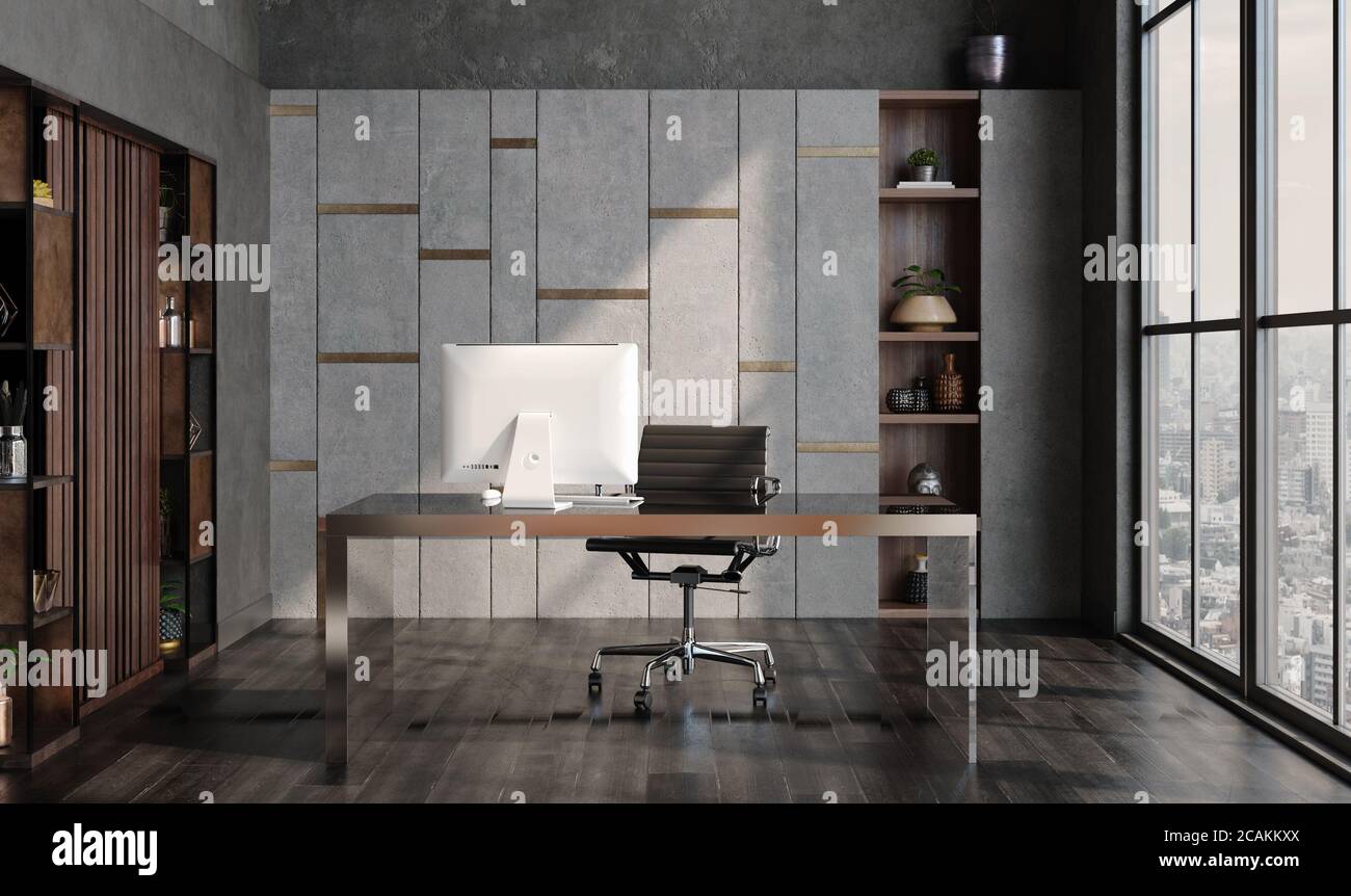 Modern home office interior in loft industrial style 3d render