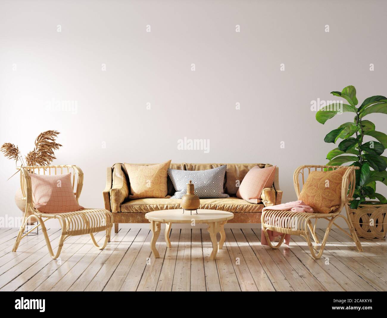 Cozy living room interior with wicker furniture, wall mockup, 3d render ...