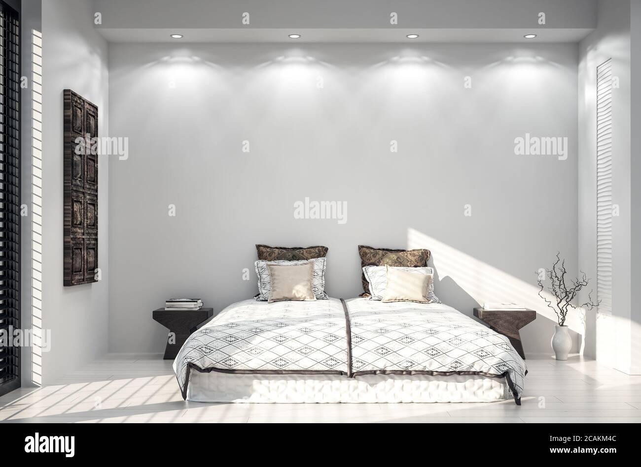 Modern white bedroom interior close up with minimal decor, 3d render ...