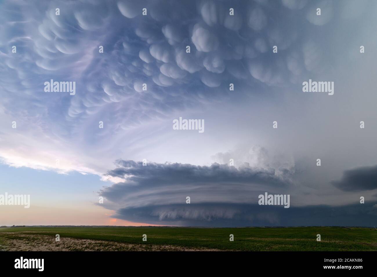 A supercell thunderstorm with mammatus clouds near Arnold, Nebraska Stock Photo