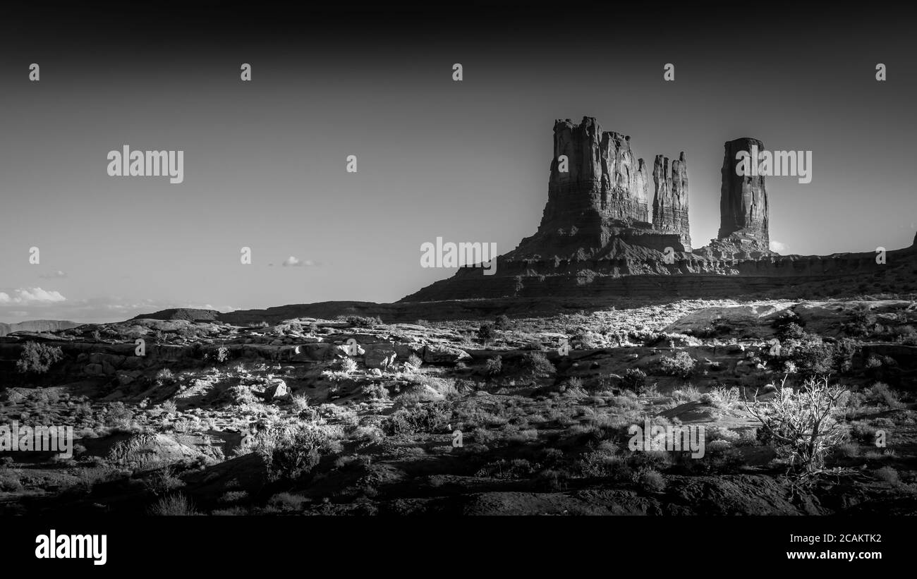 Black and White Photo of Eagle Mesa, a Sandstone Butte in the desert landscape of Monument Valley Navajo Tribal Park in southern Utah, United States Stock Photo