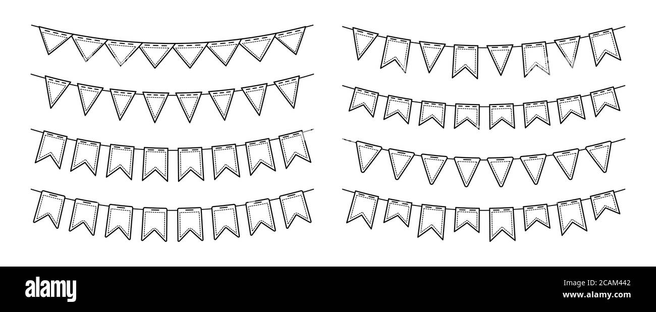 Flag garland bunting birthday party flat multicolored set. Buntings pennants for celebration, festival decoration. Anniversary, celebration party hanging flags cartoon collection. Vector illustration Stock Vector