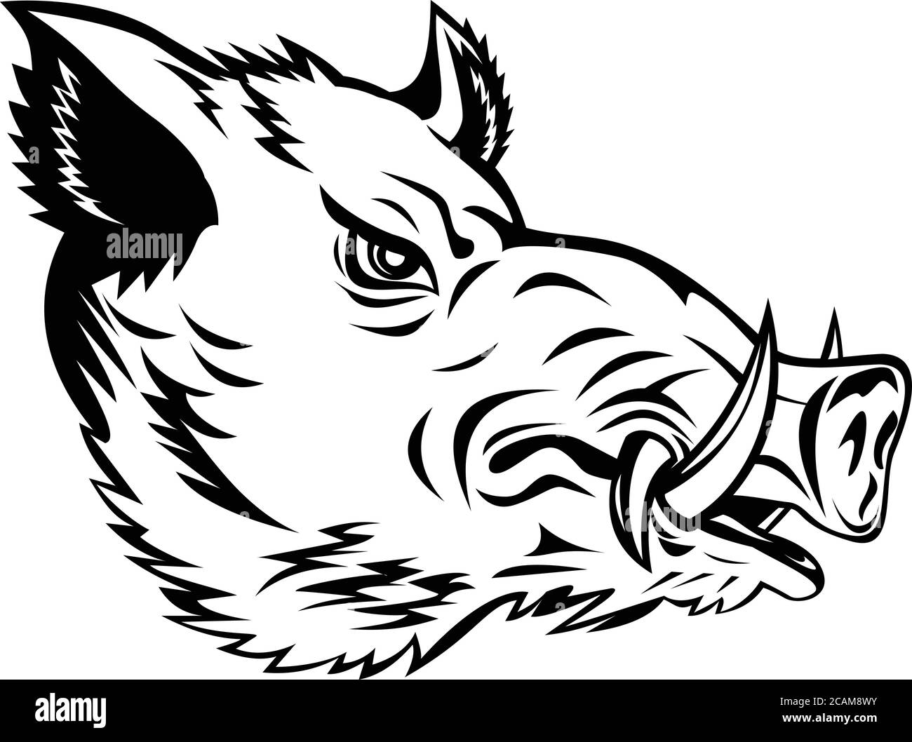 Mascot illustration of head of a wild boar, Sus scrofa, wild swine, common wild pig, a suid native to the Palearctic viewed from side on isolated back Stock Vector