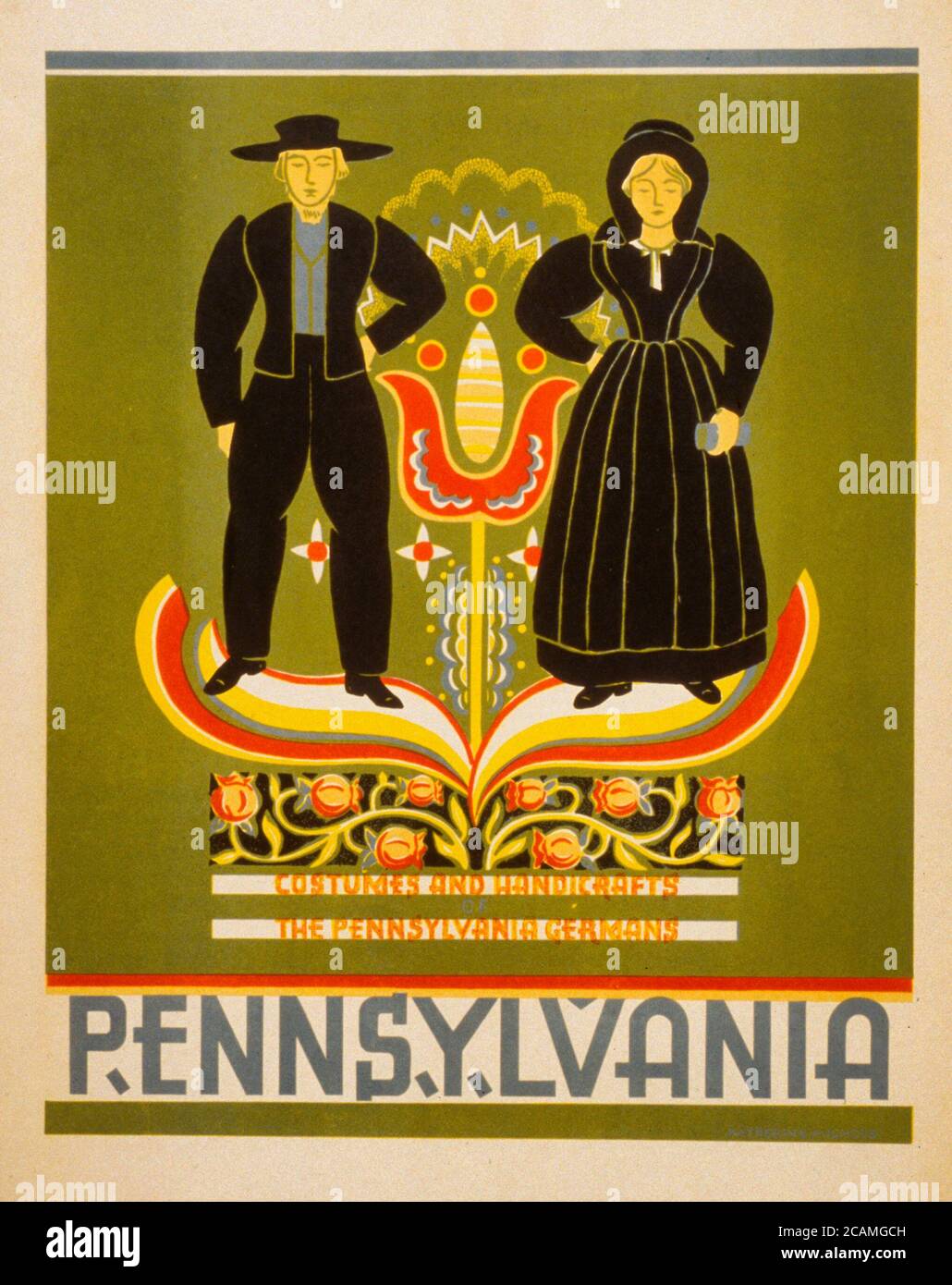 Pennsylvania Costumes and handicrafts, the Pennsylvania Germans. Poster promoting Pennsylvania, showing an Amish couple, circa 1939 Stock Photo