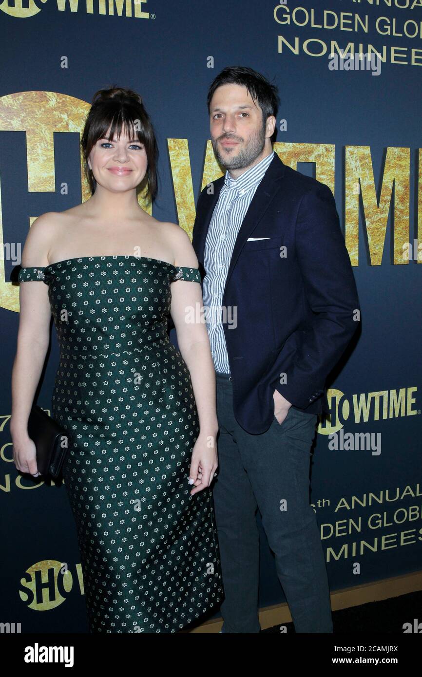 LOS ANGELES - JAN 5:  Casey Wilson, David Caspe at the Showtime Golden Globe Nominees Celebration at the Sunset Tower Hotel on January 5, 2019 in West Hollywood, CA Stock Photo