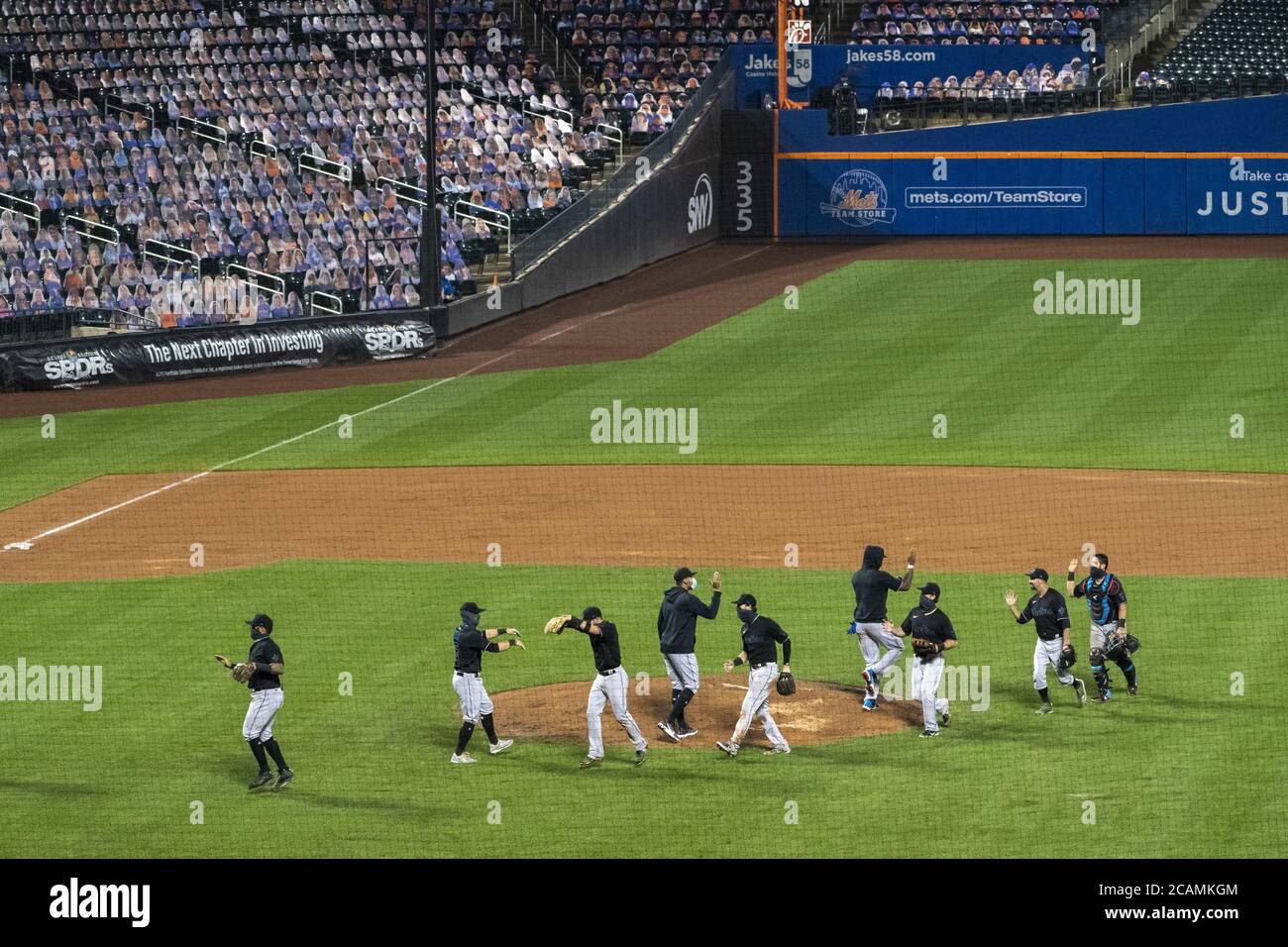 Queens, United States. 07th Aug, 2020. The Miami Marlins celebrate their 4-3 win against the New York Mets at Citi Field in New York on Friday, August 7, 2020. Photo by Corey Sipkin/UPI Credit: UPI/Alamy Live News Stock Photo