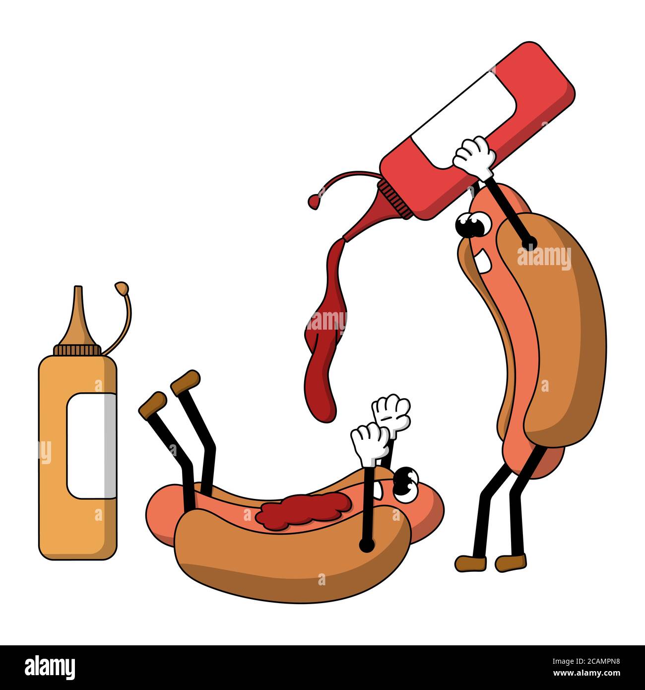 two cartoon funny hot dogs with ketchup and mustard. white background isolated vector illustration Stock Vector