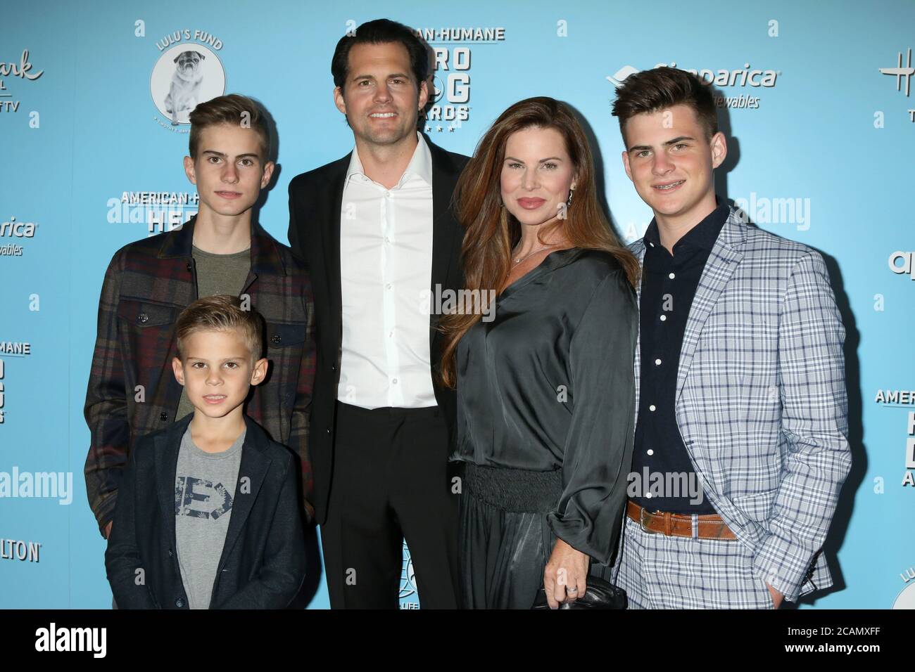 LOS ANGELES - OCT 5:  Julianne Morris, Kristoffer Polaha, sons Micah Polaha, Kristoffer Caleb Polaha, Jude Polaha at the 9th Annual American Humane Hero Dog Awards at the Beverly Hilton Hotel on October 5, 2019 in Beverly Hills, CA Stock Photo