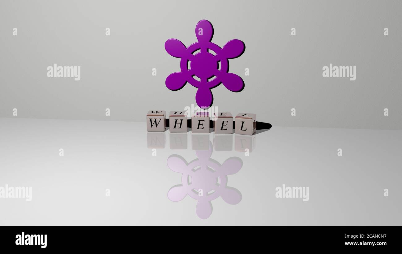 WHEEL text of cubic dice letters on the floor and 3D icon on the wall, 3D illustration for background and car Stock Photo
