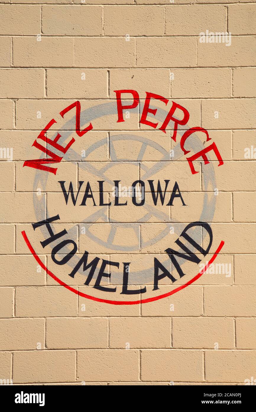 Nez Perce Homeland sign, Wallowa, Hells Canyon National Scenic Byway, Oregon Stock Photo