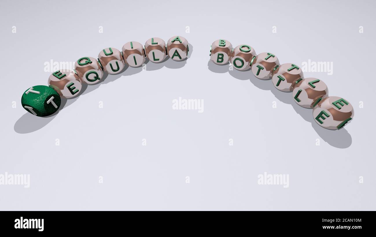 crosswords of TEQUILA BOTTLE arranged by cubic letters on a mirror floor, concept meaning and