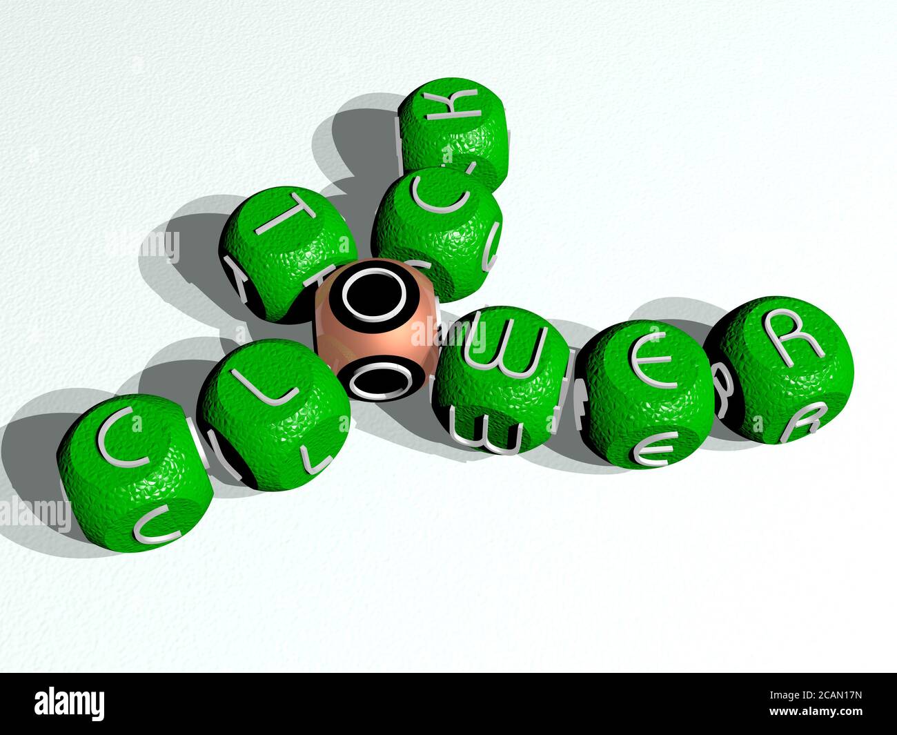 clock tower curved crossword of cubic dice letters 3D illustration