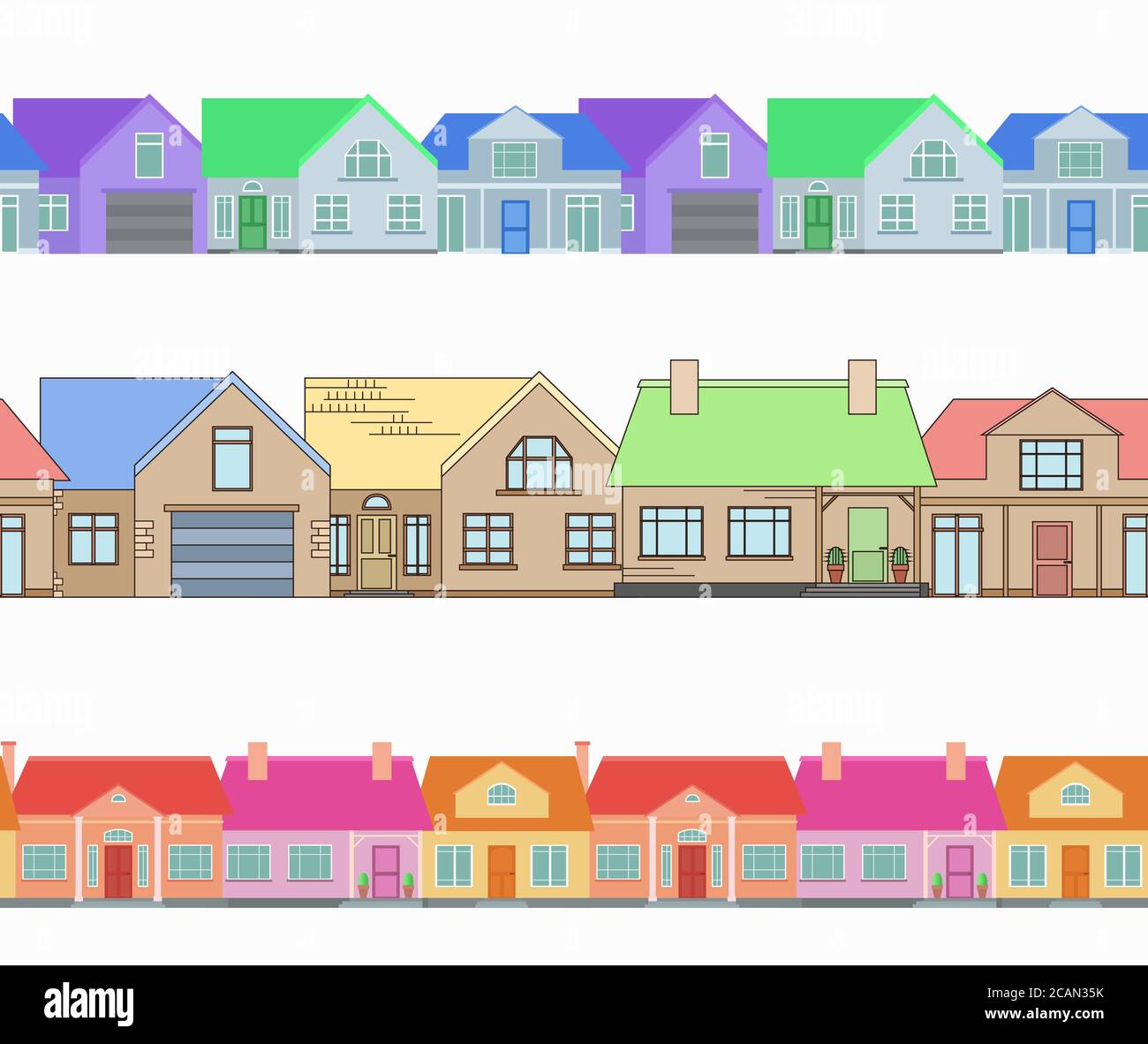 Set of seamless borders with country houses. Vector element for frames