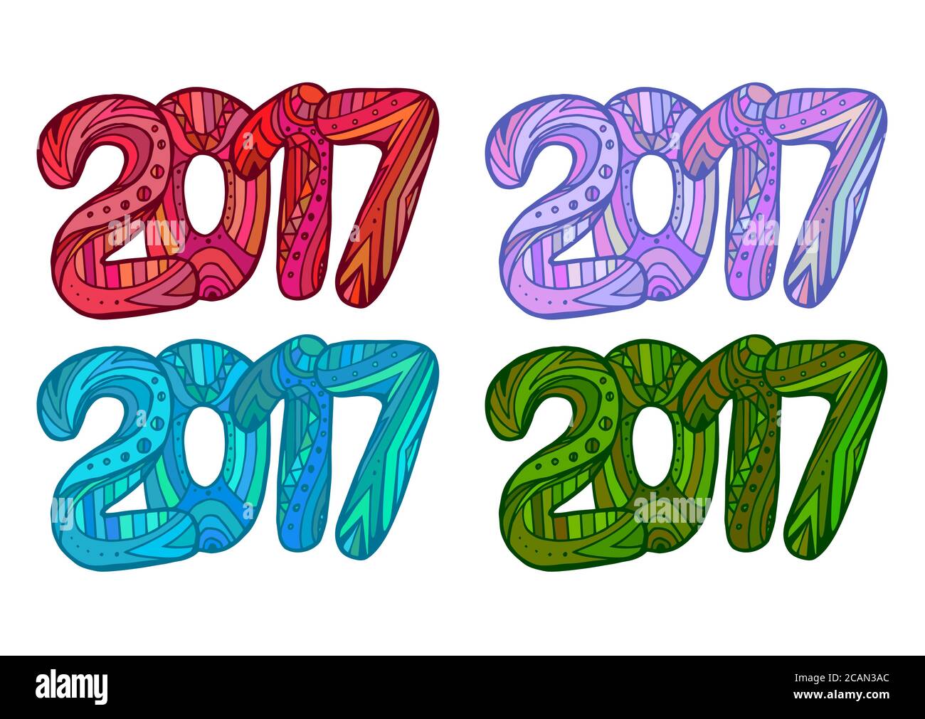 Set of multicolored Doodle numbers 2017 with boho pattern. Vector element for your creativity Stock Vector