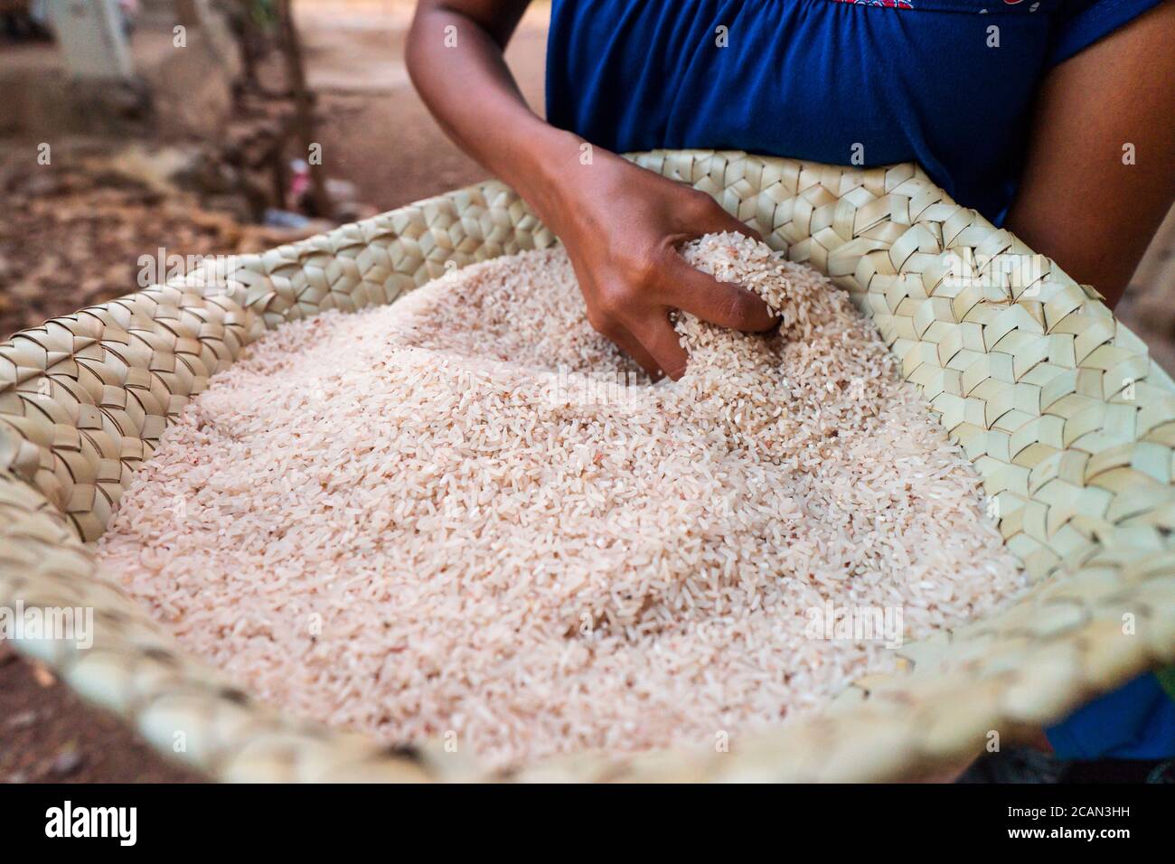 detail of female hand sifting rice with sieve in rural village